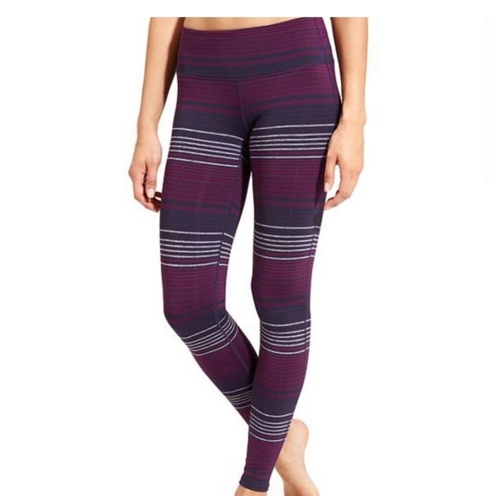 Athleta Womens‎ High Rise Striped Leggings Purple Burgundy Grey Small 349333-01